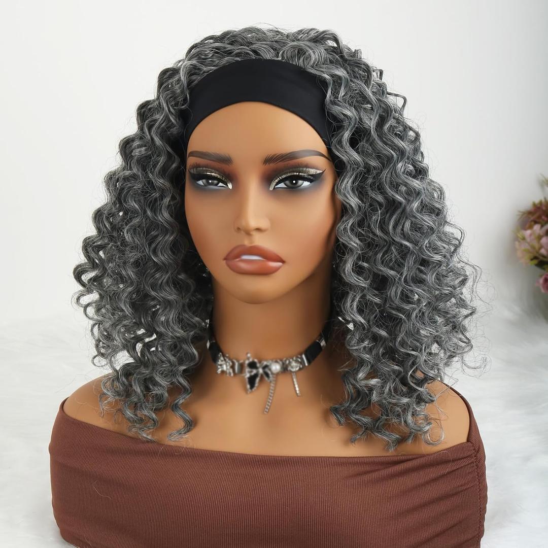 Aisaide Kinky Curly Headband Wig 12 Inch Grey Deep Curly Headband Wigs for Women Short Glueless No Lace Deep Curly Half Hair Wig (14"Dark Silver Grey)