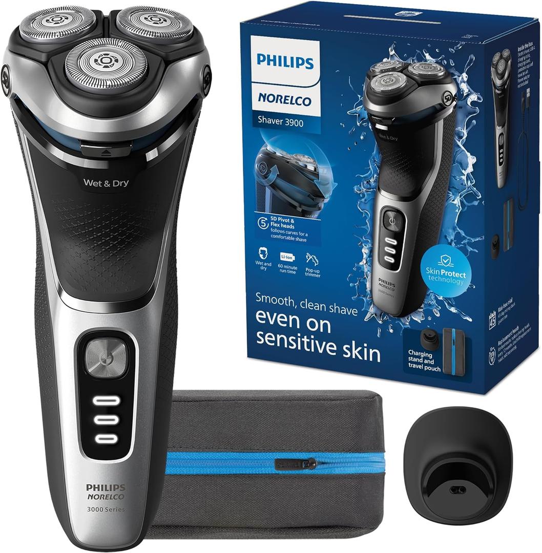 Philips Norelco Shaver 3900 Series, Wet and Dry Electric Shaver, P-Cap, Travel Pouch, Charging Stand, Storm Blue, Model S3341/92 (Silver New)