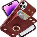 PYTWOPY Compatible for iPhone 15 Pro Wallet Case with Credit Card Holder, Leather Shockproof Protective Phone Cover 6.1 inch Supports 360°Rotation Ring Stand and RFID Blocking, Burgundy