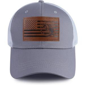 American Flag with Bass Trucker Hats for Men, Adjustable Leather Patch Mesh Fishing Baseball Cap (One Size, Grey)