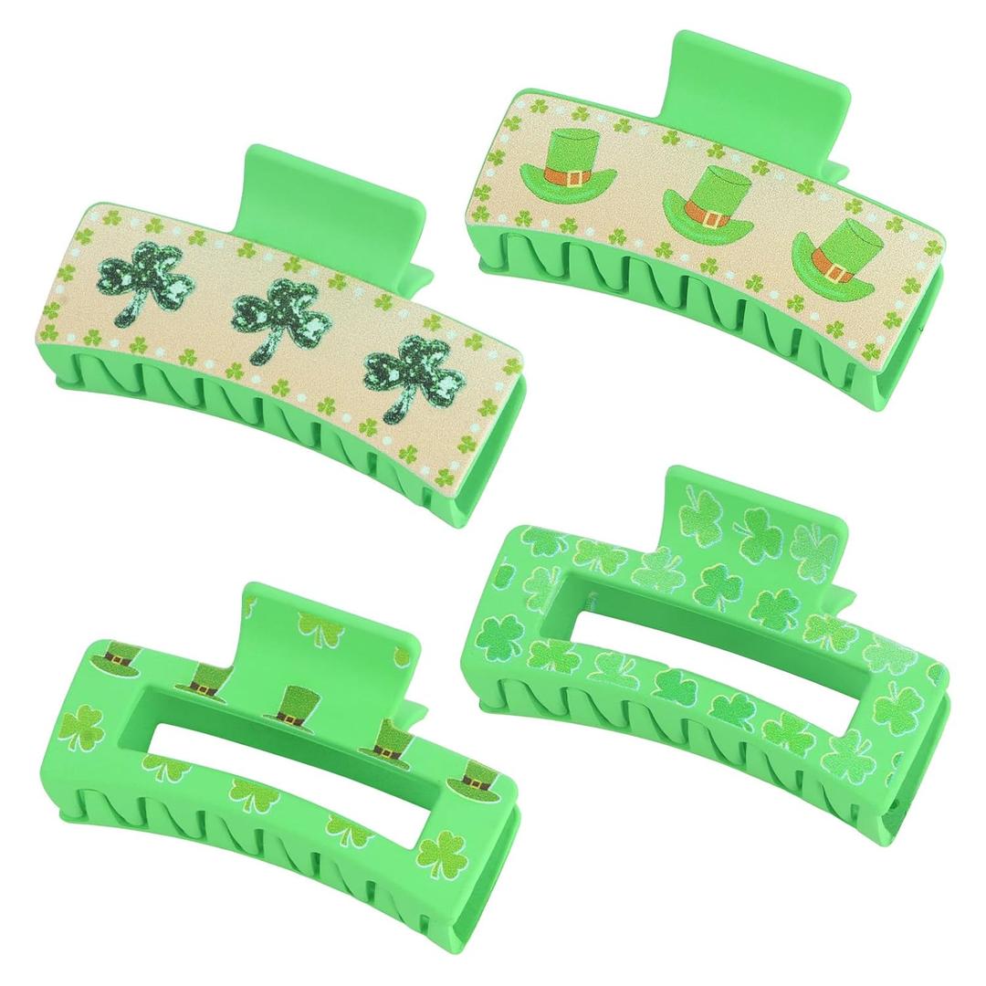 4Pcs St. Patrick's Day Green Claw Clips Clover & Leprechaun Hat Print Rectangular Hair Clips Cute Hair Clip for Women Irish Themed Hair Accessories for Women Girls