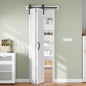 Bifold Barn Door 30 x 84 in (Double 15 inch)Bi-fold Sliding Closet Doors with Hardware Track kit Included, 2.8ft Rail for 2 Doors, MDF Wood Panel,PVC Surface, Save Space,DIY Assembly, White