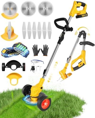 JarryStart Electric Weed Wacker, Foldable Cordless Weed Eater Battery Powered, 3-in-1 Stringless Lightweight Brush Cutter Grass Trimmer Lawn Tool with Adjustable Length for Garden and Yard (Yellow)
