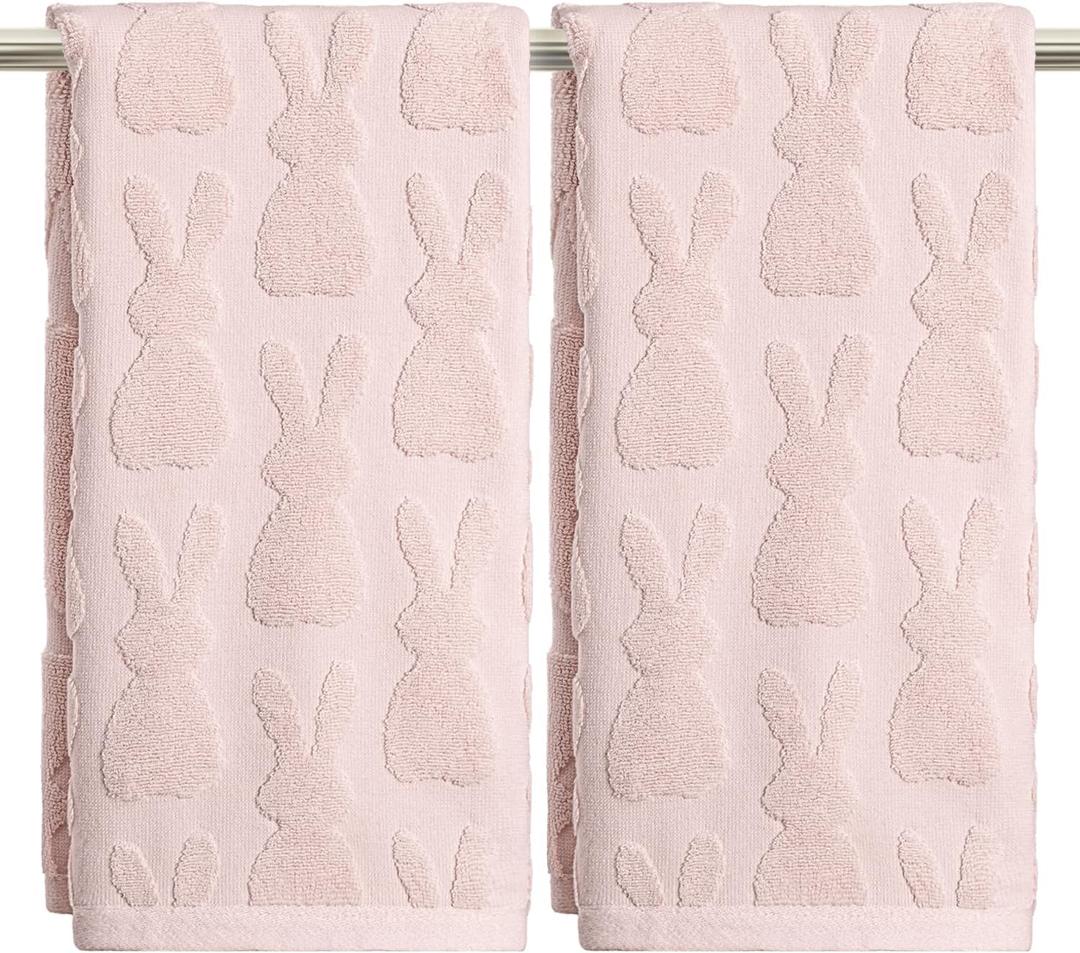 Artoid Mode 2 Pcs Pink 3D Rabbit Jacquard Easter Hand Towels for Bathroom, 100% Cotton Soft Absorbent Bathroom Decor Towels, 13.7 x 29.5 Inch