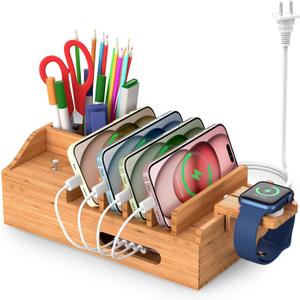 Bamboo Charging Station for Multiple Devices with 5 Port USB Charger, 5 Charger Cables and Smart Watch Stand. Wood Desktop Dock Stations Electronic Organizer for Cell Phone, Tablet, Watch, Office (Style 2)