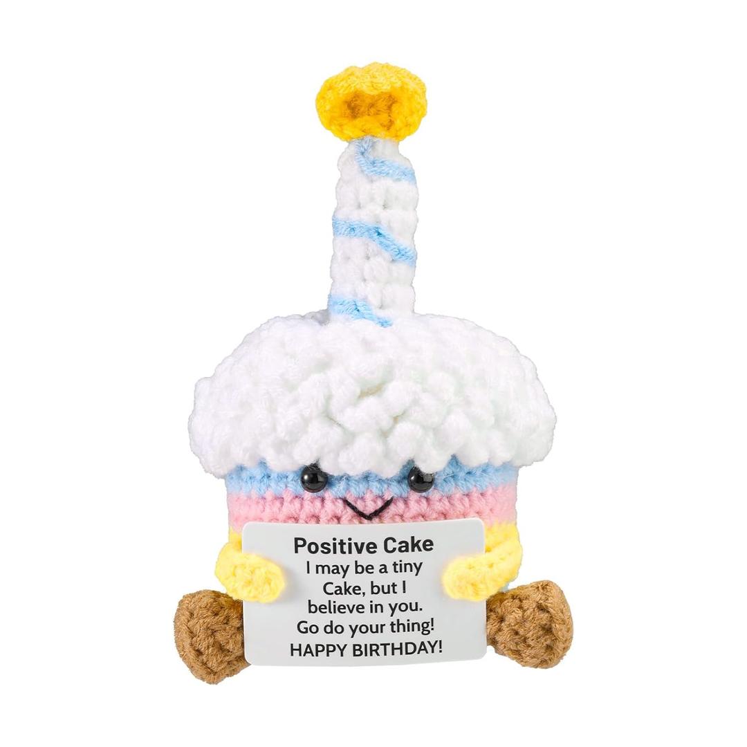 Lyreh Positive Cake Plush, Emotional Doll Support Birthday Cake Crochet with Encouragement Card for Positive Gift Birthday Graduation Gift Home Office Decoration