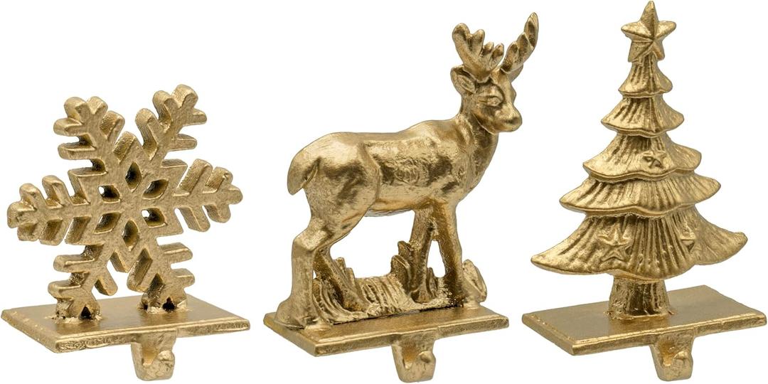 Red Co. Set of 2 Snowflake, Reindeer & Christmas Tree Decorative Cast Iron Stocking Holders in Old Gold Finish