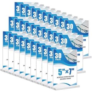 30 Pack Acrylic Sign Holder 5x7, Clear Double Sided Tabletop Menu Display, Desktop Flyer Stand with Vertical Base, Plastic Paper Picture Frame Holder Suitable for Restaurants Office Store Show Fair