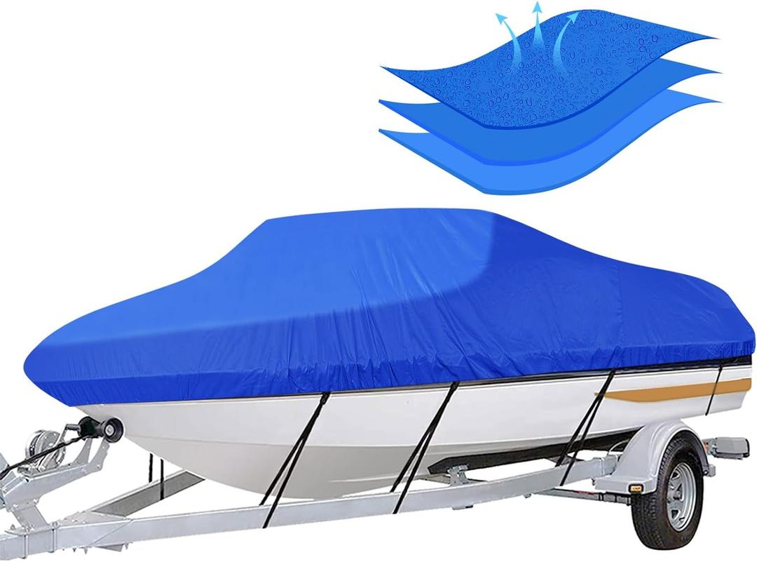 iCOVER Trailerable Boat Cover- 17'-19' Heavy Duty Waterproof Tarp Covers with Storage Bag, Fits V-Hull, Fish&Ski, Pro-Style, Fishing, Runabout, Bass Boats, up to 17ft-19ft Long X 96" Wide (Blue)