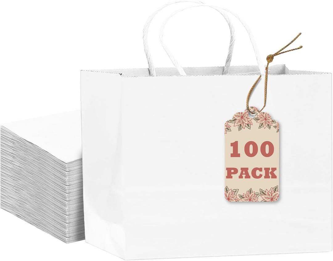 qiqee 13"x4.5"x10" Large Gift Bag with Handles 100PCS Gift Paper Bags White Bags Multiple Uses (Wide Large)
