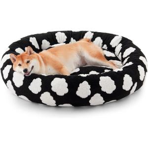 JOEJOY Donut Dog Bed Medium Size Dog, Cute Round Calming Pet Bed with Removable Washable Cover, Orthopedic Puppy Bed with Jacquard Shaggy Plush & Non Skid Bottom (Black)
