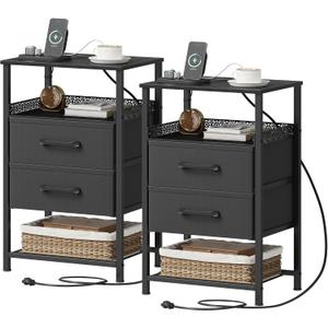 JARHETUN Nightstand Set of 2, Night Stands with Charging Station, 26.4 Inch Tall Bedside Table with Metal Shelf, Side Table with 2 Fabirc Drawers for Bedroom, Black