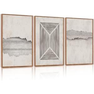 CHDITB Abstract Minimalist Framed Canvas Wall Art Set Of 3, Modern Mid Century Wall Decor, Geometric Line Textured Inspired Artwork, Neutral Art Print For Living Room Office Bedroom Decor (12X16 Inch)