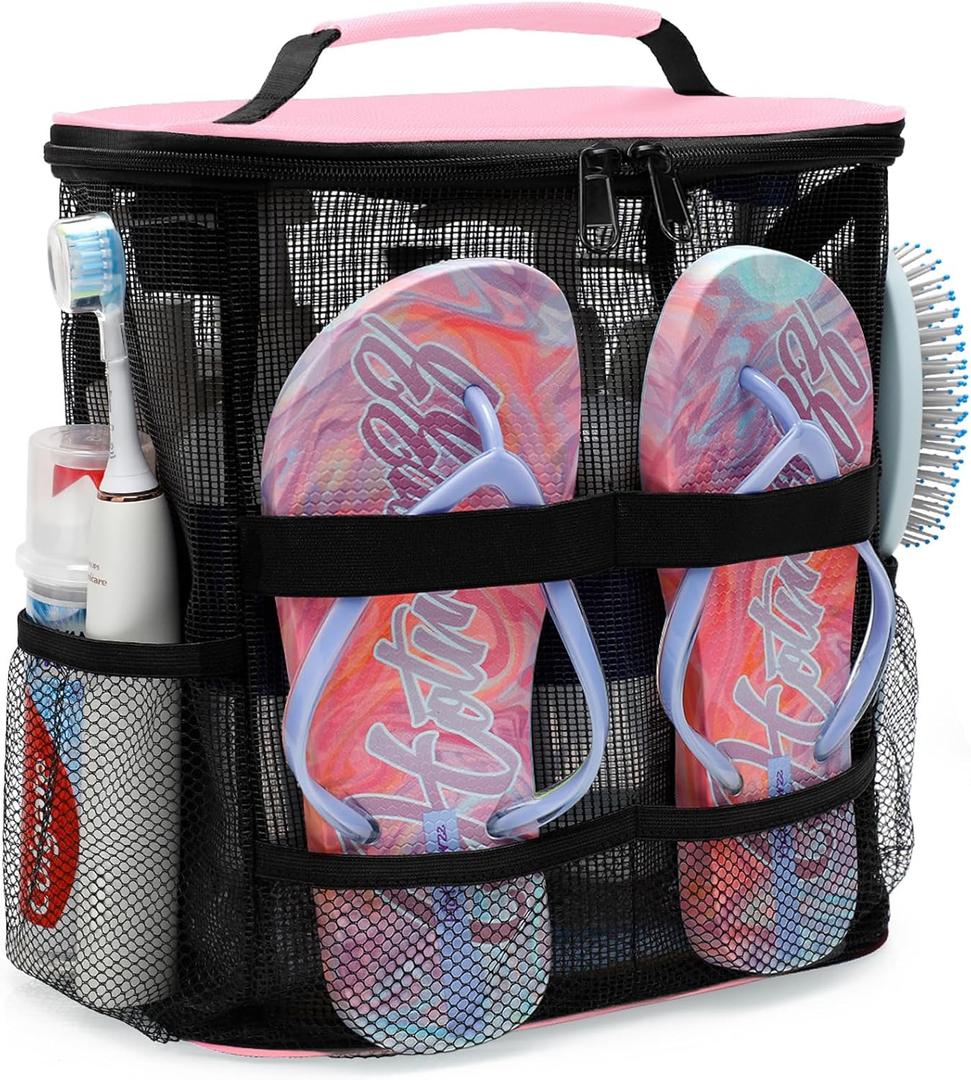 Dorm Room Essentials for Girls, Mesh Shower Caddy Hanging, Large Capacity Toiletry Bag for Women, Quick Dry Shower Bag for Camping, Cruise, Travel Essentials, Christmas Birthday Gifts for Women Girls (Pink)
