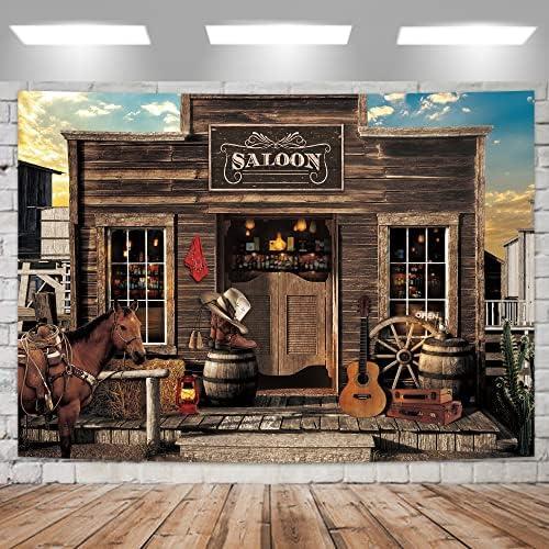 Imirell Western Cowboy Backdrop 8Wx6H Feet Vintage Retro Country Bar Saloon Farmhouse Wooden House Barn Door Horse Wild West Polyester Fabric Photography Backgrounds Photo Shoot Decor Props Decoration