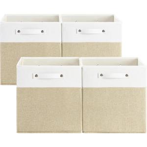 FinishingBo 13 x 13 Inch Fine Linen Storage Bins with HandlesFabric Cube BoxsBasket Organizers for Shelves for Home, Closet Drawers (White/Khaki-4 Pack)