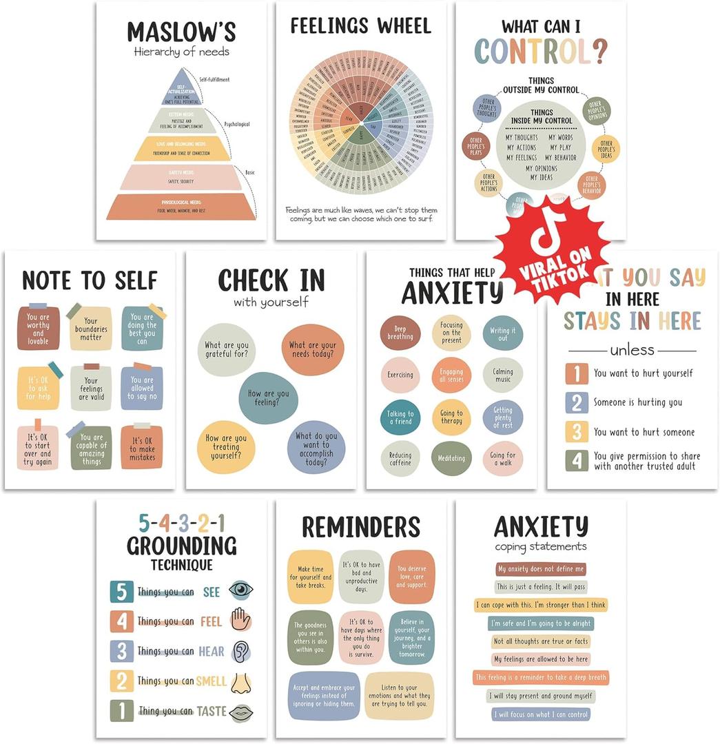 10 Pcs Care Mental Health Posters, Mental Health Matters Poster, Therapy Office Decor, Counseling Office Must Haves, School Counselor PR Colorful (Colorful)