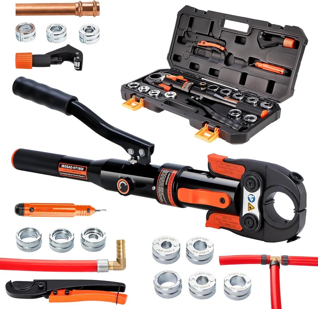 IBOSAD Hydraulic Copper Pipe Tube Fittings Crimping Tools with1/2,3/4,1" Dies for copper Pipe and F877 Stainless PEX Press Sleeves,3/8",1/2",5/8",3/4",1" Dies for ASTM F1807 Pex Pipe Copper Ring