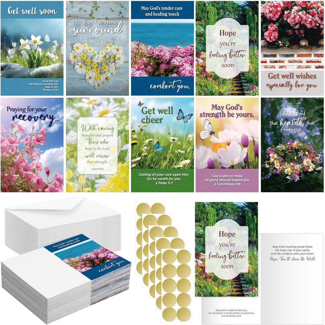 Dunzoom 50 Pack Religious Get Well Cards with Scripture Assorted Bible Verse 4 x 6 Inch Affirmation Inspirational Christian Sympathy Landscape Photography Wishing You Well Greeting Cards with Envelope