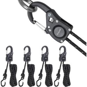 Ayaport Rope Tie Down Ratchet with Carabiner Clip 1/4" x 12' Rope Cord Tightener Heavy Duty Construction Kayak tie Downs for Tent, Tarp, Camping (Black)