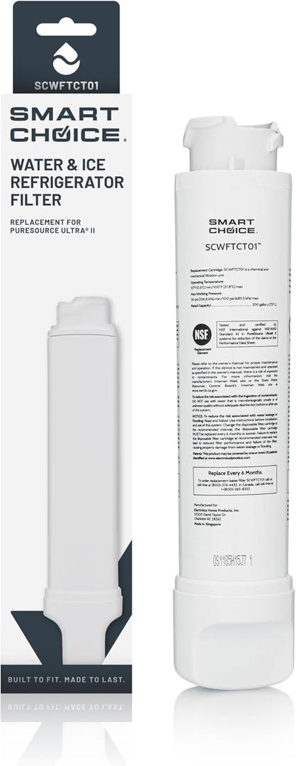 Smart Choice SCWFTCTO1 Refrigerator Water & Ice Filter, Genuine Replacement for Frigidaire EPTWFU01 PureSource Ultra II and Electrolux EWF02 Pure Advantage