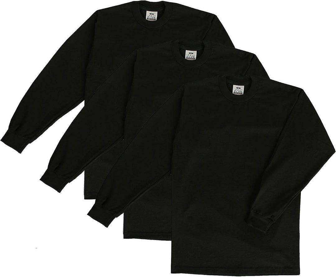 Pro Club Men's 3-Pack Heavyweight Cotton Long Sleeve Crew Neck T-Shirt (Black, M)