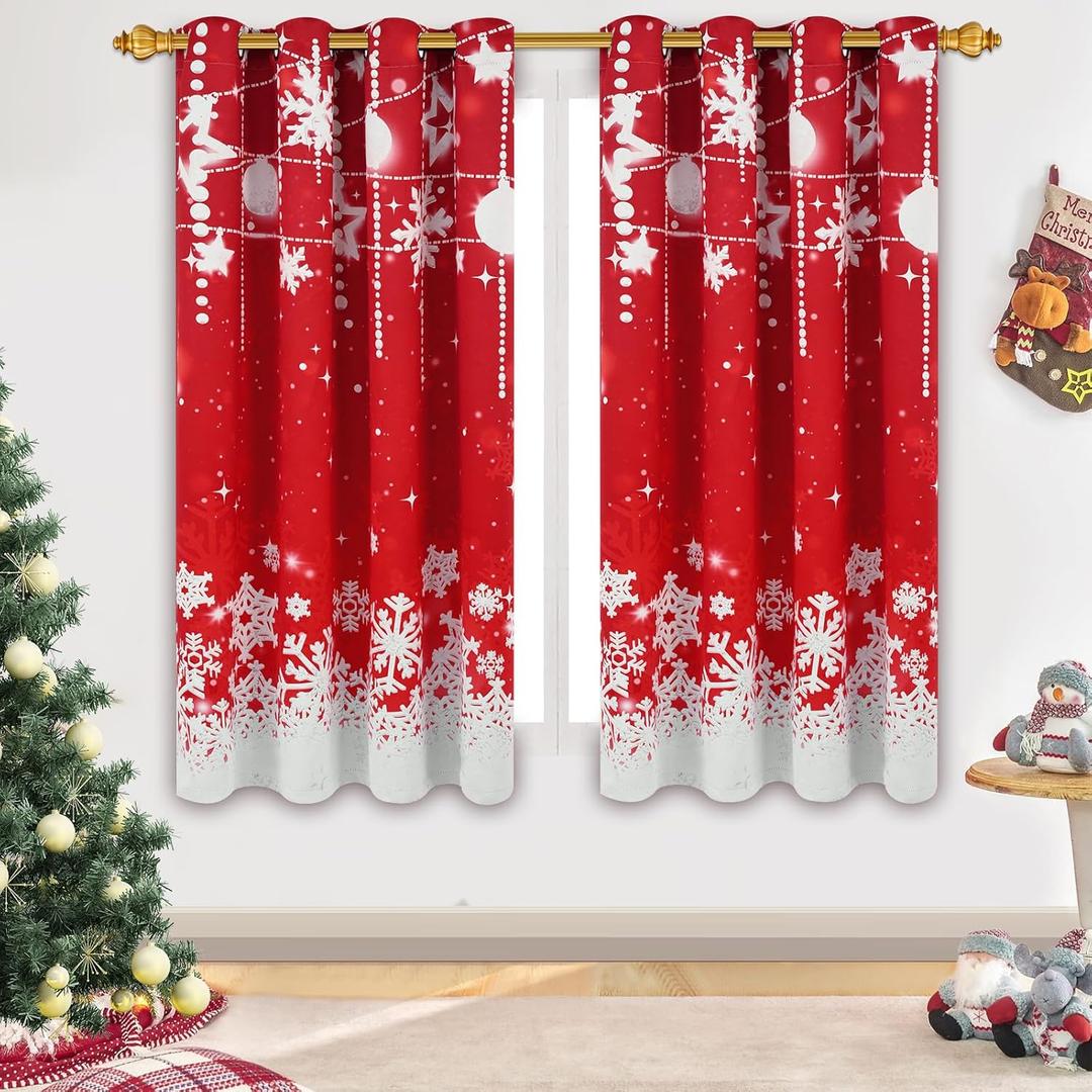 FRAMICS Christmas Snowflake Curtains for Living Room and Bedroom - Blackout, Red, 63 Inch Length, 2 Panels Set, Grommet Window Curtains
