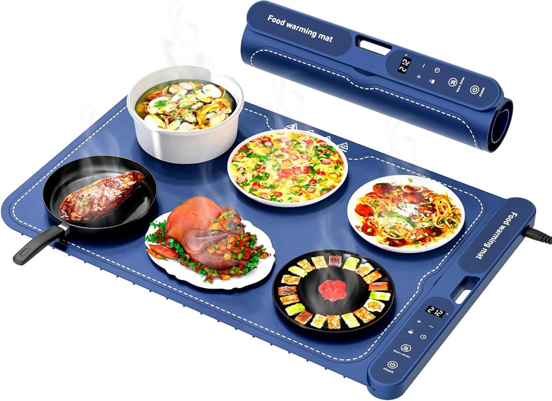 Electric Warming Tray&Food Warming MatFast Full Surface Electric Warming Tray with 7 Temp-Settings & 8H Timer, Portable Roll Up Food Warmer for Gatherings (Blue, 24''X15'')