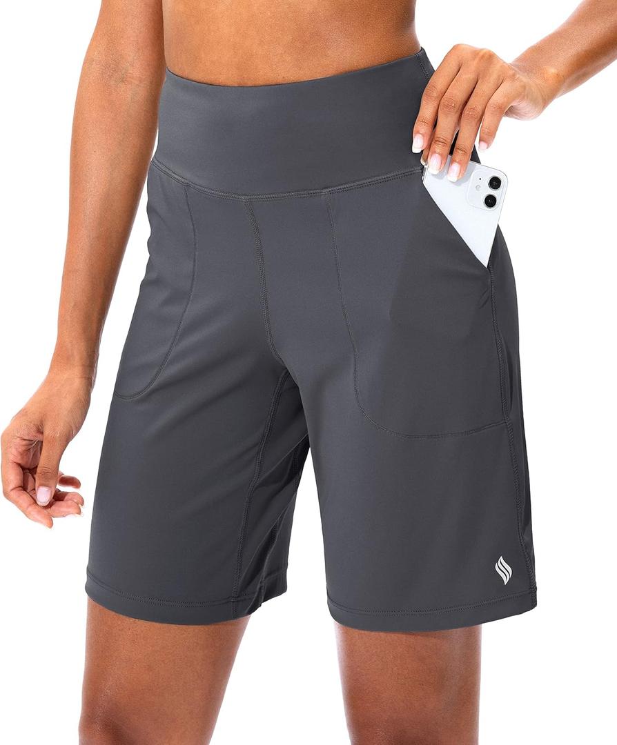 SANTINY Women's Athletic Bermuda Shorts High-Waisted Long Shorts for Women Running Yoga Lounge with Pockets (Gray, XL)