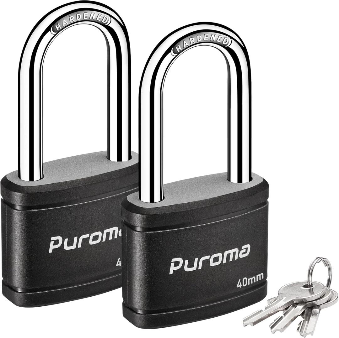 Puroma 2 Pack Keyed Padlock with 3 Keys Alike, 1.8 Inch Locker Lock 40mm Heavy-Duty Locks for Gate Fence Hasp Cabinet Toolbox School Gym Locker (Black)