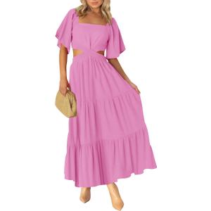 LEANI Women's 2025 Summer Cutout Maxi Dress Square Neck Short Sleeve Crossover Waist Casual Party Dresses (Pink, M)
