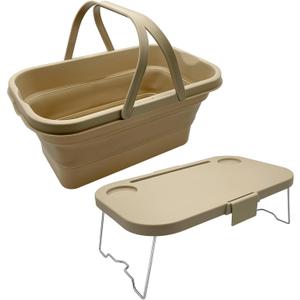 Foldable Picnic Basket Large Capacity Camping Folding Basket with Table Car Trunk Organizer Can be Used as Ice Bucket Suitable for Camping, car Storage, Home Sorting, etc. (Khaki)