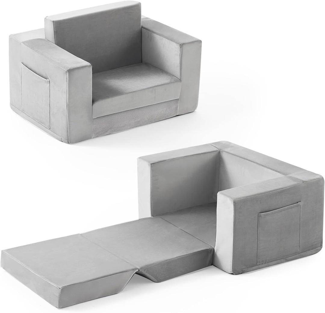 Kids Couch, 2-in-1 Toddler Chair Comfy 1-3 Years Old, Convertible Kids Chair, Toddler Couch Sofa, Kid Sofa to Lounge Bed for Boys and Girls Gifts, Kids Recliner, Grey