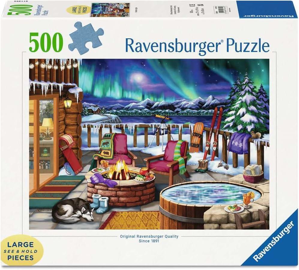 Ravensburger - Northern Lights - 500 Piece Large Format Jigsaw Puzzle - Stunning, Bold, Vivid Image of The Phenomenon - Warm Fireside Cabin - Premium Quality - Puzzles for Adults, Finished Puzzle Measures Approximately 20 X 14 Inches When Completed.