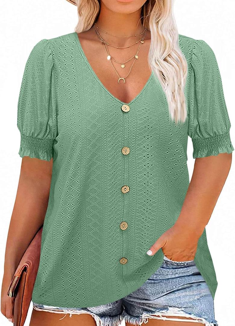 Beautife Womens Plus Size Tunic Tops V Neck Short Puff Sleeve Tops Casual Summer Eyelet Blouses