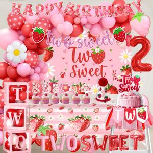 Strawberry Two Sweet 2nd Birthday Decorations for Girls Berry 2nd Birthday Party Decorations Kit Cake Topper Balloon Arch High Chair Banner Strawberry Theme Backdrop Party Decor