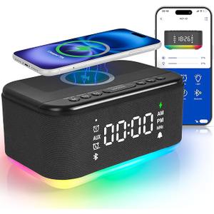 Bluetooth Alarm Clock Radio Bedroom, Digital Dual Alarm Clock Bedroom, Up to 10 Alarms Clock Night Light Speaker App/Button Control FM Charge Snooze Adjustable Brightness Dim 12/24H, Matte Black
