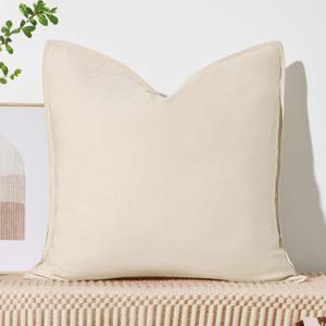 ORTIGIA 26x26 Linen Flange Edge Pillow Cover, Beige Decorative Square Throw Pillow Covers, Farmhouse Vintage Boho Solid Color Pillow Cushion Case for Bed Couch Sofa Bench Living Room, ONLY Cover