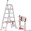 A-Frame Telescoping Extension Ladder，5.4FT Folding Step Stool with Safety Lock，Foldable Aluminum Ladder, Heavy Duty 6 Step Ladder 600lbs Capacity for Home Use