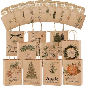 Tenceur 100 Pcs Christmas Gift Bags Bulk with Handles Reusable Kraft, Holiday Vintage Small Paper Christmas Bags for Gifts for Xmas Stuffer Candy Present Wrapping, 8.27 x 5.91 x 3.15 Inches (Brown)
