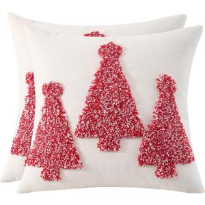 Tosleo Christmas Tufted Pillow Covers 18 x 18 inch Set of 2 Red Xmas Trees Throw Pillow Covers Christmas Party Decors Winter Holiday Cushion Case for Sofa Couch Bed Living Room