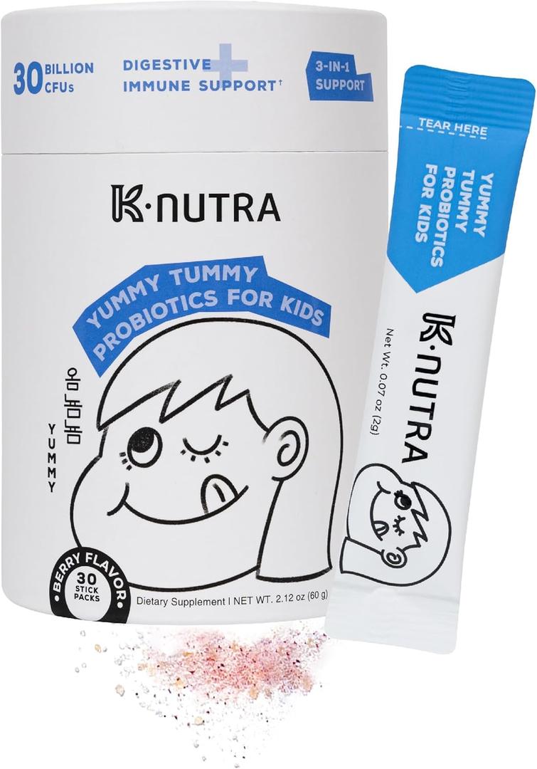 K-Nutra Yummy Tummy Probiotics for Kids | 2.12oz (30 Sticks) | 3-in-1 Prebiotic & Probiotic Powder | 30 Billion CFUs | Clinically Tested | Supports Digestive & Immune Health | for Ages 3+