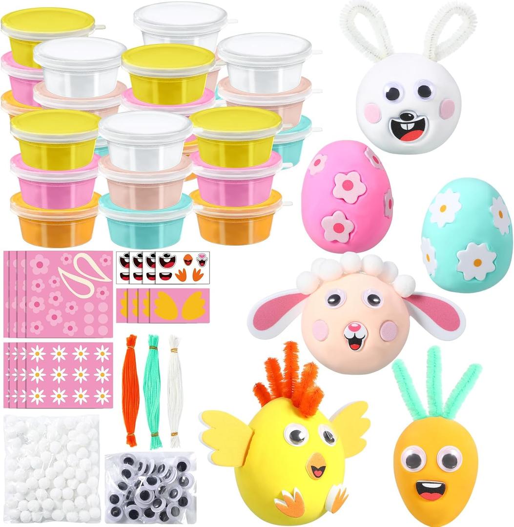 Blosssound 24 Pack Easter Clay DIY Kit with Sticker Make Your Own Easter Air Dry Clay Kit DIY Bunny Egg Chick Lamb Molding Art Craft Gift for Spring Basket Stuffers Birthday Holiday Party Favor
