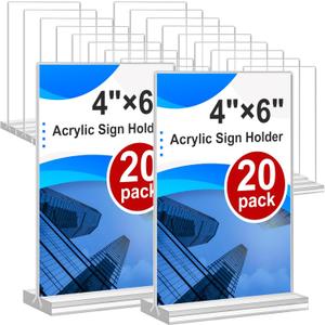 Acrylic Sign Holder 4x6, 20 Pack Clear Table Vertical Double Sided Table Menu Display, Plastic Desktop Picture Frames Stand Acrylic Paper Holder Tabletop Sign Holder for Wedding Office Show Fair, Vertical 20 Pack 4x6''