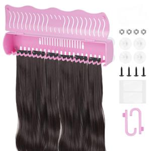 Hair Extension Holder, Portable Braiding Hair Rack 4 Fixed Methods Halo Hair Extensions Holder for Styling, Washing, Blow Drying and Storing(Pink)