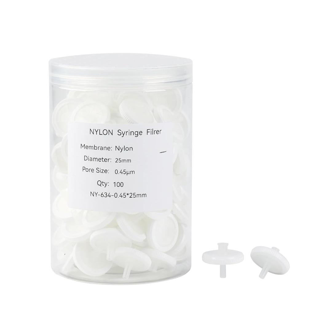 Nylon Syringe Filters 25mm 045um - Hydrophilic Membrane for HPLC Sample Preparation, Compatible with Standard Luer Lock Syringes, Non-Sterile, Pack of 100