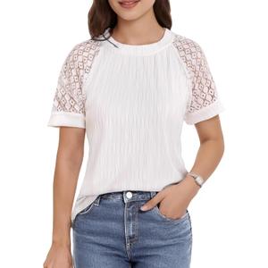 Womens Summer Tops Lace Short Sleeve Textured Shirts Crew Neck Trendy Casual Vacation Outfits Business Blouses (White, S)