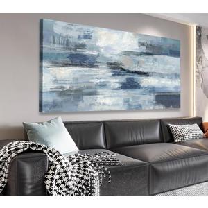 VEAEE Abstract Canvas Wall Art Vintage Blue White Grey Painting Ocean Canvas Wall Decor Modern Artwork Prints for Living Room Bedroom Bathroom Office Home Decoration Framed Ready to Hang 24" X 48"