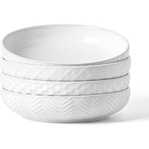 FOBENTA Embossed Ceramic Pasta Bowls Set of 4 Medium 7.5-Inch, 26oz Serving Bowls for Pasta, Salad, Fruit Stackable, Microwave & Dishwasher Safe Great Gift for Housewarming or Everyday Use