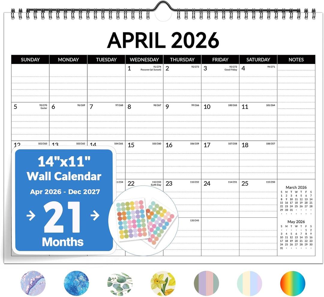 2026 Calendar, Forvencer 21-Month Wall Calendar 2026, Apr 2026 - Dec 2027, 14" x 11" Large Monthly Planner Calendars with Notes Section & Stickers, Ruled Block, Spiral Binding Hanging for Home Office (Sleek)